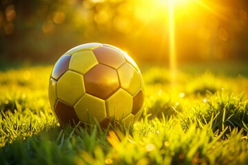Fototapeta premium Bright Yellow-Green Soccer Ball on Lush Green Grass - Stock Photo