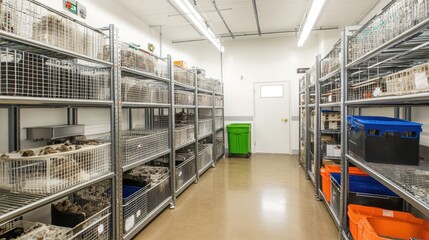 Obraz premium Industrial-style storage space with metal racks and overhead lighting.