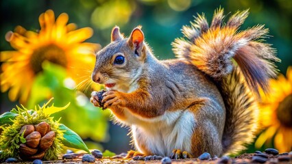 Fototapeta premium Adorable Squirrel Feeding on Sunflower Seeds - High-Resolution Stock Photo