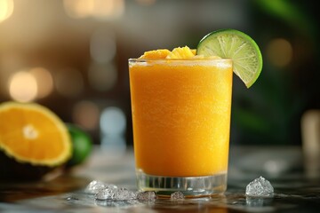 Orange smoothie, lime garnish, bar background, refreshing drink