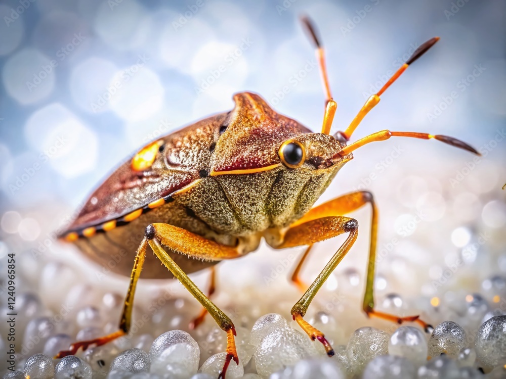 Poster brown shield bug macro photography with bokeh, isolated on white background