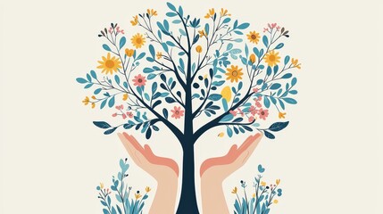 Hands Holding Up a Vibrant Tree with Blooms and Leaves in a Simple Illustration