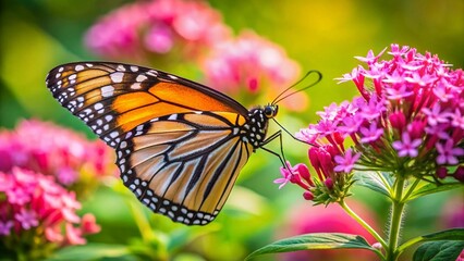 Fototapeta premium Butterfly on Pink Flowers, High Depth of Field Stock Photo