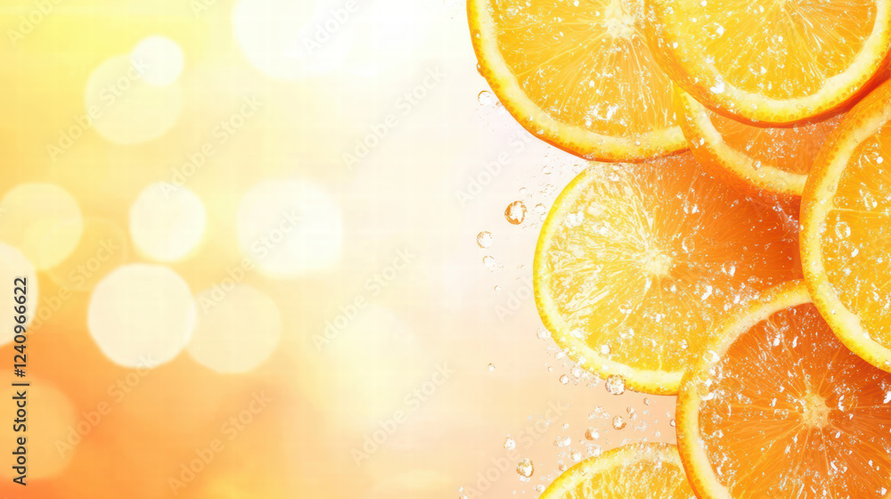 Poster sliced oranges with water droplets on bright background, creating refreshing and vibrant atmosphere.