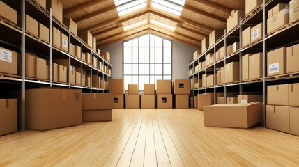 Loft storage area with labeled cardboard boxes on high shelves.