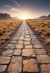 Fototapeta premium Wide ancient stone road stretching across a vast, open plain, expansive, ancient, vast