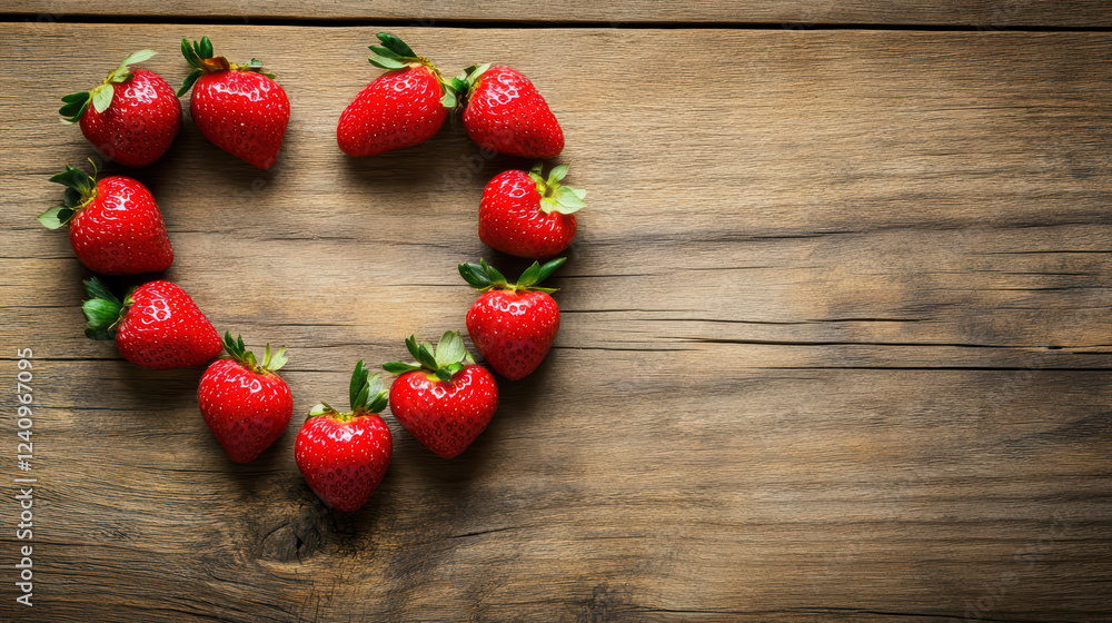 Poster fresh strawberries arranged in heart shape on rustic wooden table create romantic and inviting atmos