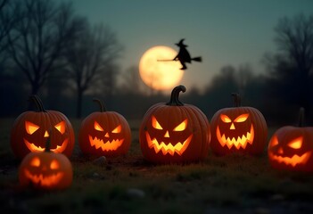 Spooky Jack O Lanterns Halloween Night Scene