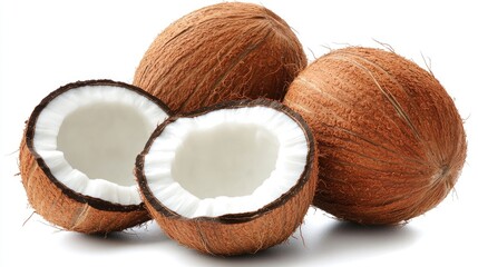 Fresh tropical coconuts with cracked shells and creamy interiors arranged on a white studio backdrop