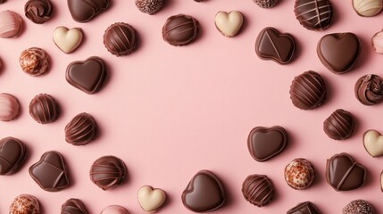 Fototapeta premium A Symphony of Hearts: A Delightful Collection of Exquisite Chocolate Hearts, Beautifully Displayed on a Pastel Pink Surface, Creating a Scene of Pure Romance and Sweet Indulgence
