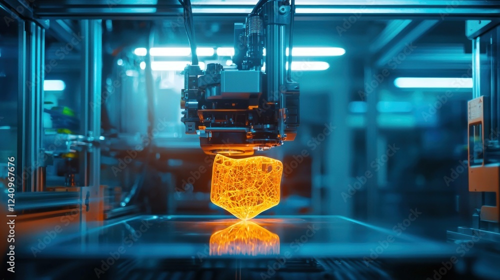 Poster futuristic d printing technology showcasing a glowing orange object being created in a high tech man