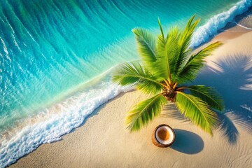 Aerial Drone Shot of Half a Coconut in Line Art Style - Tropical Island Scene