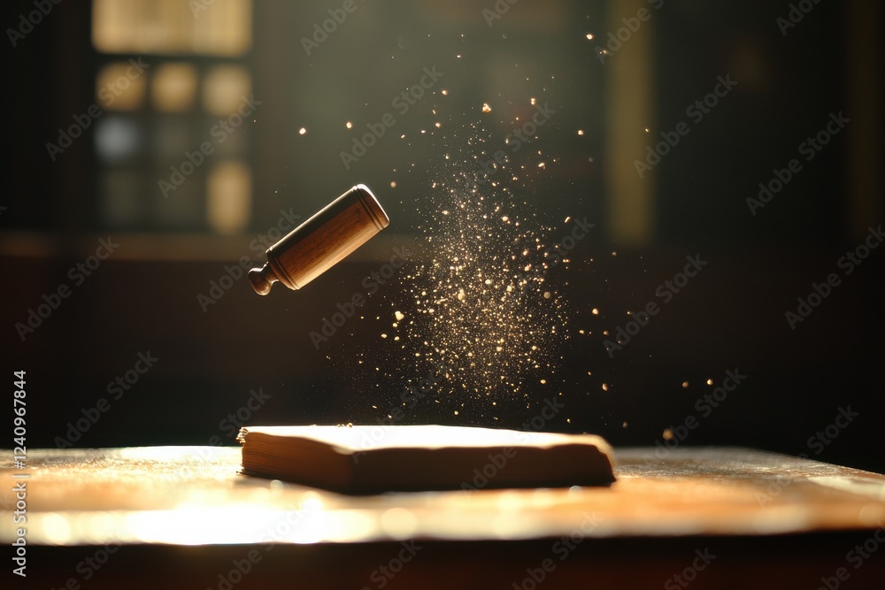 Poster striking hammer in motion over a book with dramatic backlighting creating a frozen moment of dust an