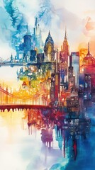 Obraz premium Dreamy watercolor cityscape blending world capitals, stock market symbols floating, economic powerhouses interlinked, investment bridges glowing. 