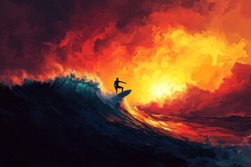 Fiery Sunset Surfer Riding A Massive Ocean Wave