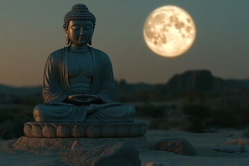 Fototapeta premium Meditative Buddha statue under full moon, desert night