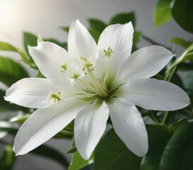 White vanilla flower with visible stamen and lush green leaves in natural light, beauty product, summer bloom, aromatherapy , relaxation, sunlight