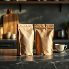 Two blank kraft pouches sit on a smooth gray countertop, with soft light enhancing their natural texture.