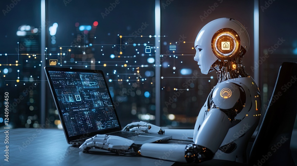 Poster individual seated at a desk with a laptop, engrossed in researching artificial intelligence and open