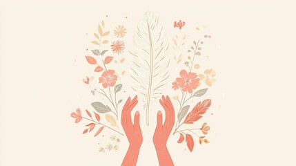 Obraz premium Simple Illustration of Two Hands Holding Up a Feather Surrounded by Delicate Floral Elements in Soft Colors