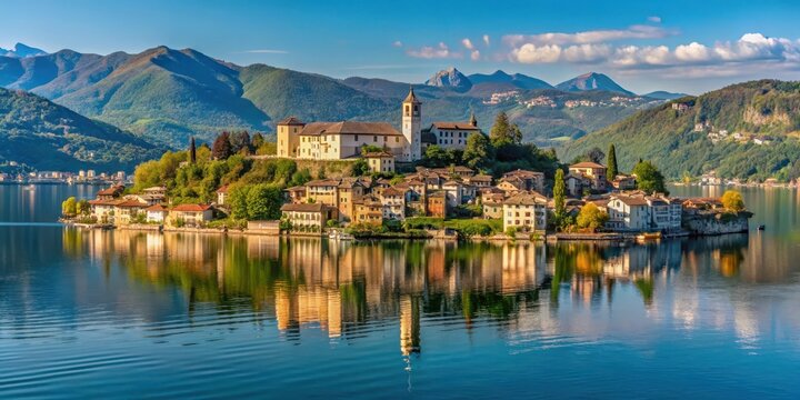 Panoramic view of Isola San Giulio in Lake Orta with a stunning backdrop of rolling hills and picturesque villages, creating a sense of stillness and serenity , Italy, village