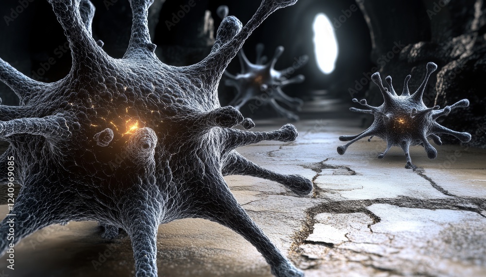 Aufkleber microscopic view of glowing viruses with spikes and nerve system traveling, 3d render