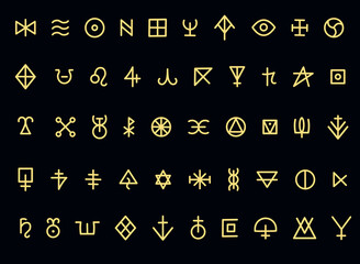 Golden Esoteric Glyph Set. Ancient Mystical Runes and Symbols of Hidden Knowledge