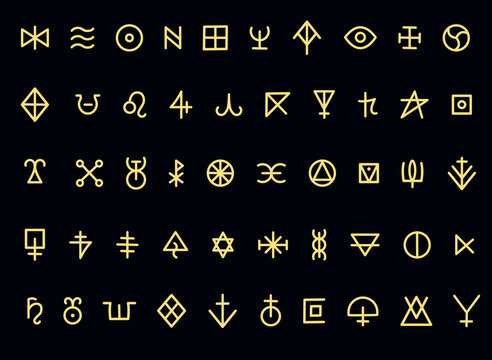 Golden Esoteric Glyph Set. Ancient Mystical Runes and Symbols of Hidden Knowledge