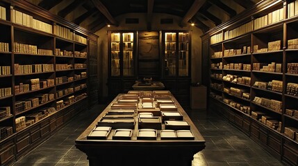 Organized storage room with symmetrical shelving and storage boxes.