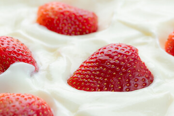 Strawberry Fruit On Yogurt. Close up