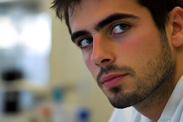 Close-up portrait of a young man with striking blue eyes in a bright, blurred background setting