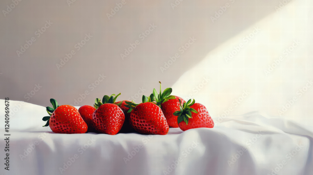 Poster fresh strawberries on white tablecloth, illuminated by soft light, create vibrant and inviting scene