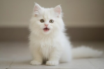 A white fluffy kitten sits on the floor, looks at the camera and meows