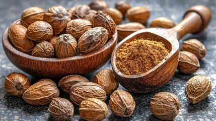 A Close Up View of Whole Nutmeg Seeds and Ground Nutmeg in a Wooden Bowl and Spoon