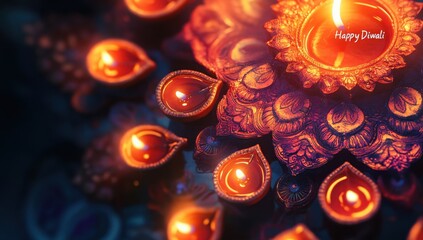 .A beautiful, colorful, and illuminated Rangoli pattern with the text "Happy Diwali" in the middle,