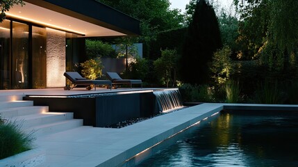 Raised fish pond with a modern waterfall feature and LED lighting.
