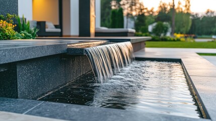 Raised fish pond with a modern waterfall feature and LED lighting.