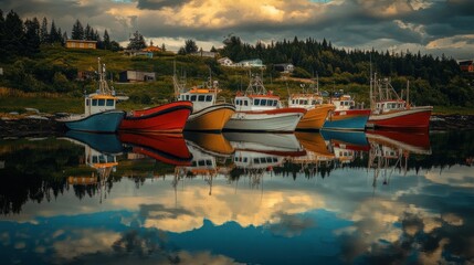 Fototapeta premium Colorful Fishing Boats Reflected in Tranquil Water Under Clouds