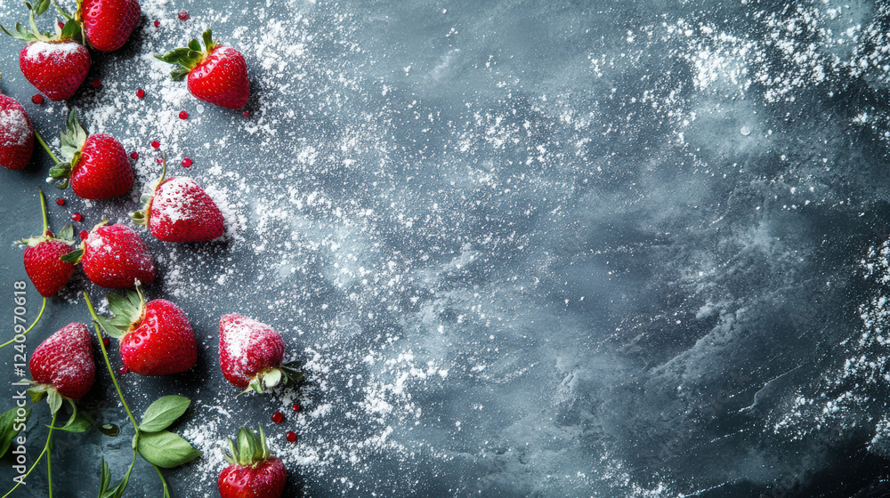 Poster fresh strawberries with light dusting of powdered sugar on dark surface create delightful and inviti
