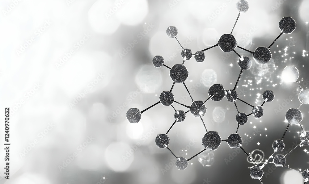 Poster abstract grayscale image depicting a complex molecular structure against a bokeh background, ideal f