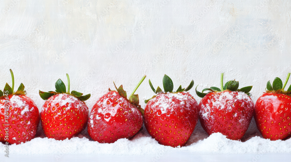 Poster fresh strawberries lined up with light dusting of powdered sugar create delightful and inviting scen