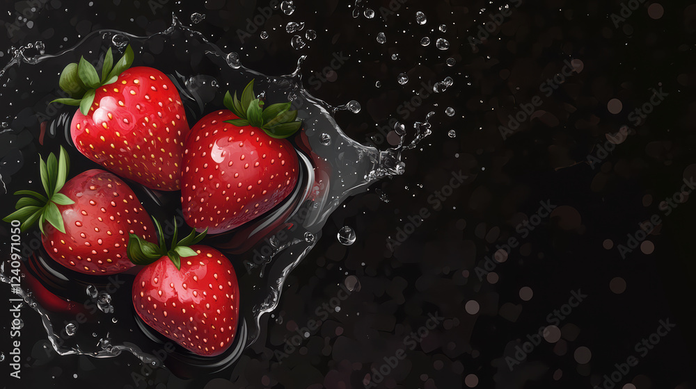Poster fresh strawberries with splash of water on dark background, creating vibrant and refreshing visual. 