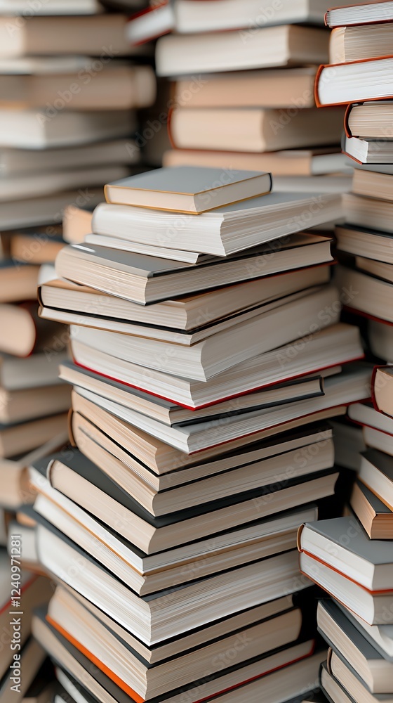Poster a close-up of a chaotic stack of books, showcasing their spines and varying sizes, highlighting a lo