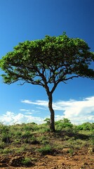 Obraz premium HD Phone Wallpaper Serene Landscape Single Green Tree against a Vivid Blue Sky and Fluffy Clouds