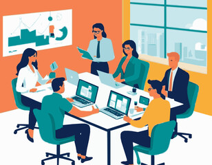 Creative Team Collaboration in Office Setting - Vector Illustration