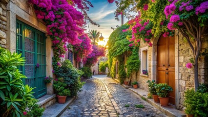 Naklejka premium Charming Limassol Cobblestone Alleyway: Sunlight, Bougainvillea, and Lush Greenery