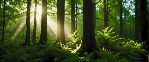 Beautiful closeup of a lush green forest at dawn shafts of sunlight piercing through foliage and illuminating the serenity of nature