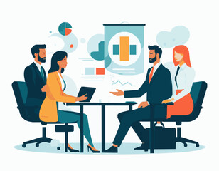 Business Meeting with Team of Diverse Professionals - Vector Graphic