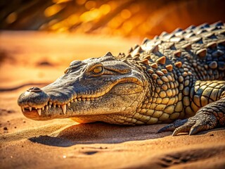 Fototapeta premium Aerial View of African Crocodile Resting in Desert Sand