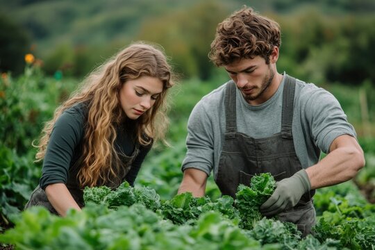 A young couple harvests lush green kale in their vibrant garden, showcasing sustainable farming.